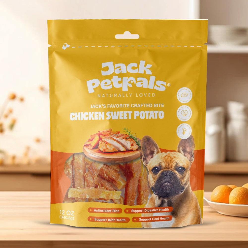 Jack PetPals Crafted Bite Chicken Sweet Potato dog treats in 12oz yellow packaging with French Bulldog image