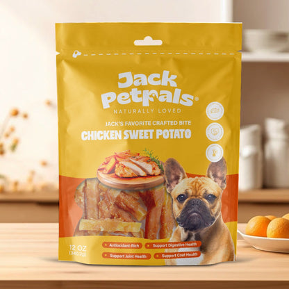Jack PetPals Crafted Bite Chicken Sweet Potato dog treats in 12oz yellow packaging with French Bulldog image