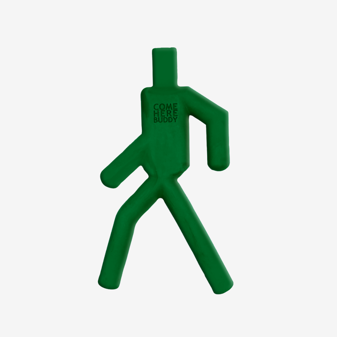 Durable green natural rubber dog chew toy shaped like a walking pedestrian signal