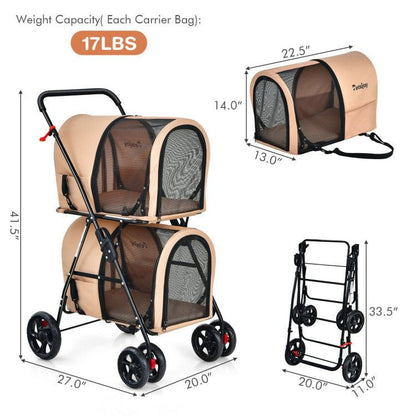 4-in-1 double pet stroller with detachable carriers, foldable frame, and ventilated windows for safe pet transport