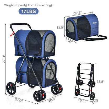 4-in-1 double pet stroller with detachable carriers and travel carriage in beige color