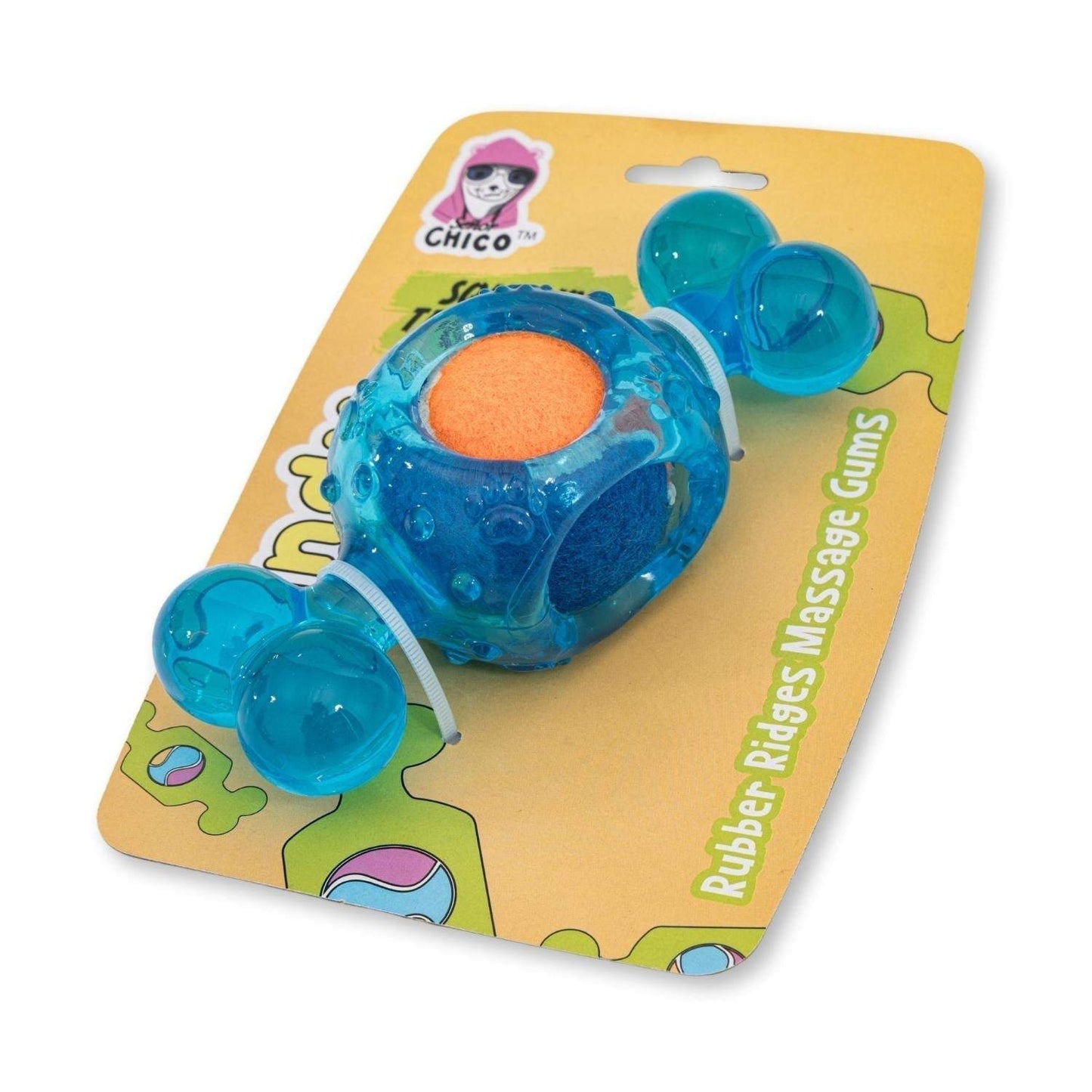 Blue candy-inspired squeaky tennis ball dog chew toy made of durable TPR with textured ridges for dental health.