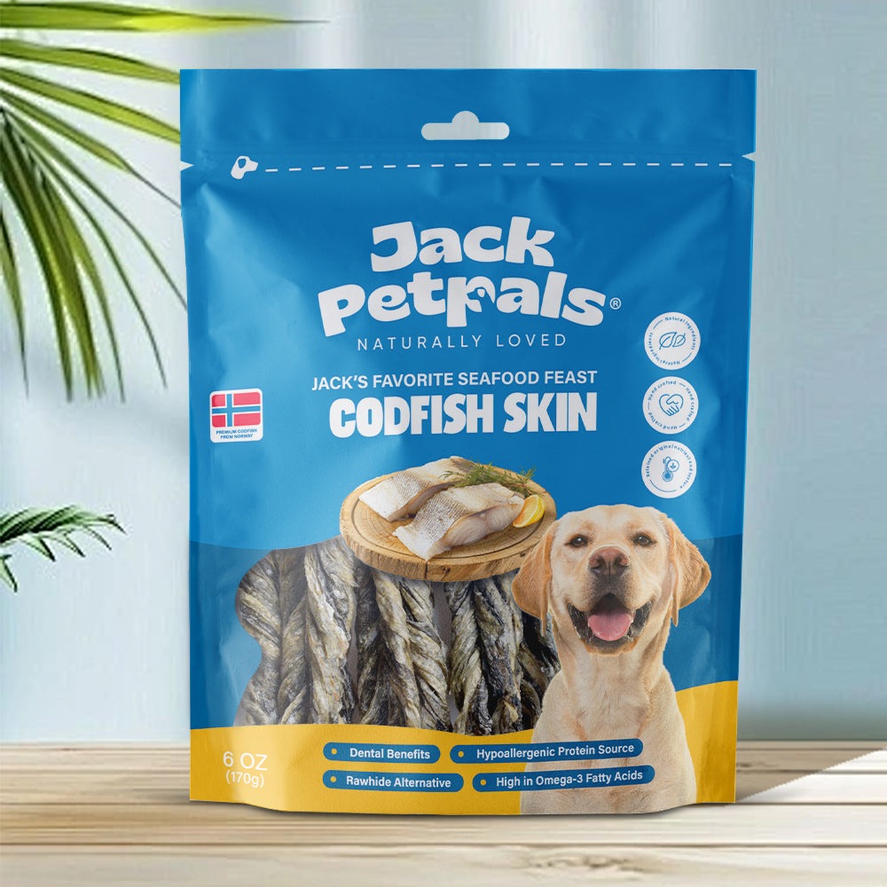 Jack PetPals Seafood Feast Codfish Skin Treats for dogs, high-protein, Omega-3 rich, dental health chews, rawhide alternative.