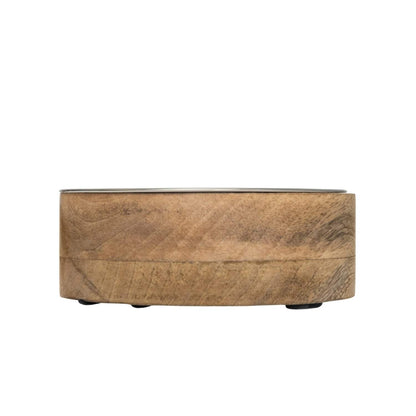Country Living stainless steel dog bowl with cylindrical mango wood holder, rust-resistant and dishwasher safe, available in multiple sizes.