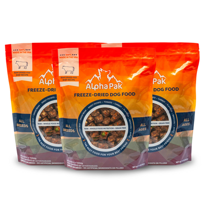 Premium raw freeze dried dog food beef packs made in USA with grass-fed beef and natural ingredients