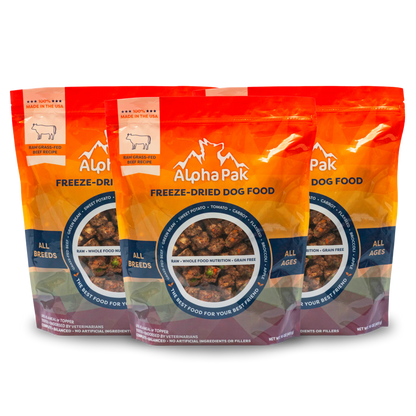 Premium Raw Freeze Dried Dog Food Beef in orange resealable bags, made with grass-fed beef, grains free, suitable for all breeds and ages.