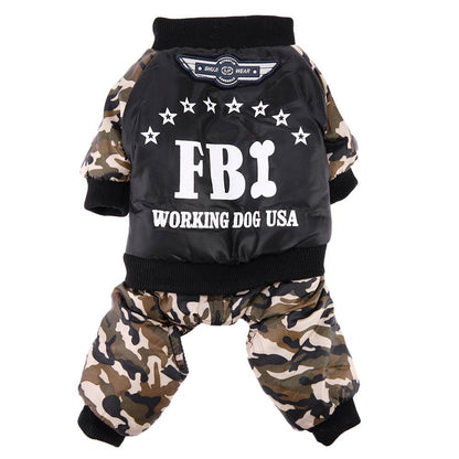 FBI camouflage coat and jumpsuit pants for dogs with warm, durable cotton polyester material and stylish FBI print.