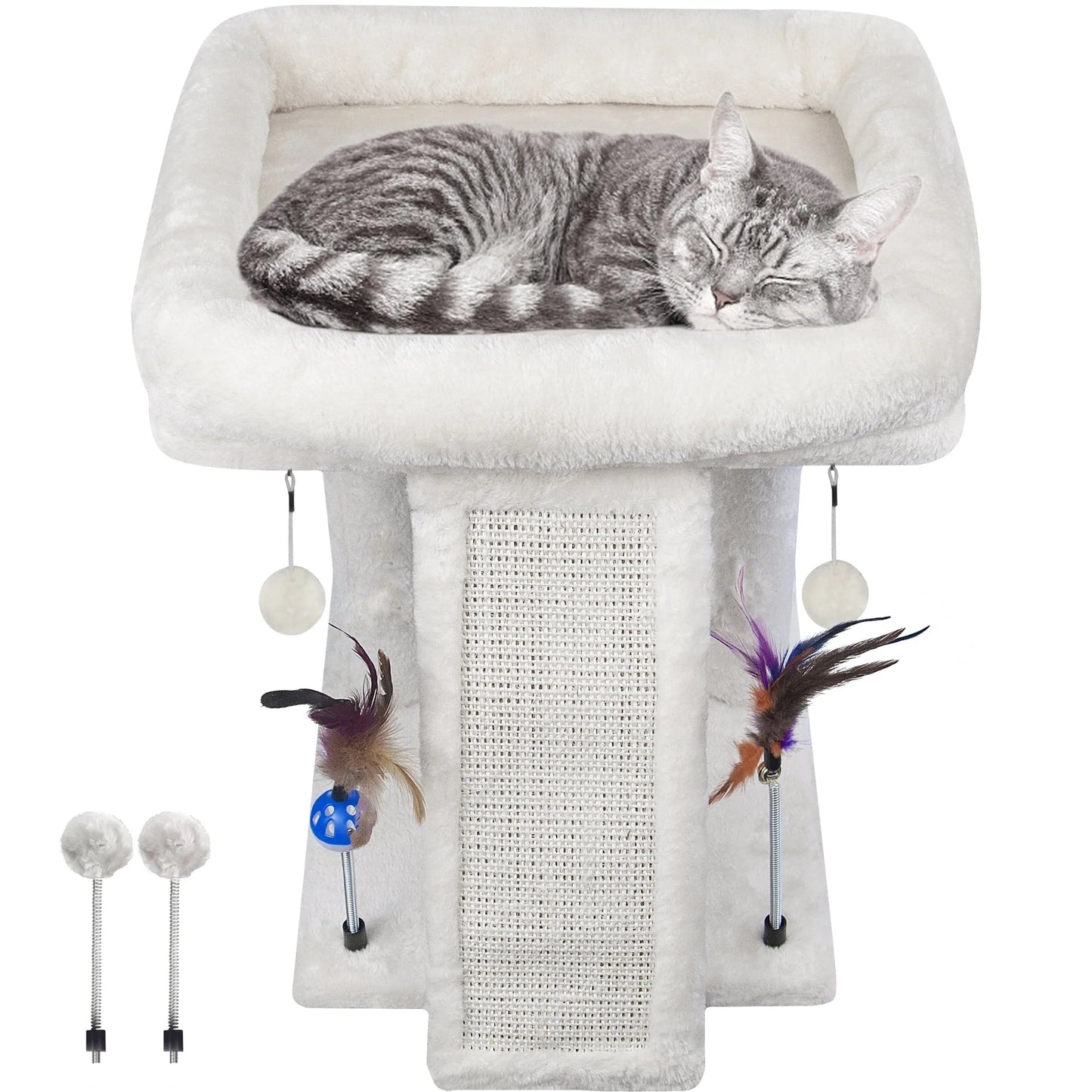 Cozy Beige Cat Tree with Condo, Scratch Post, Hammock & Fun Hanging Balls for Your Feline Friends
