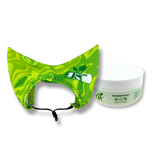 ReNewedPet Sun Care Kit with natural pet sunscreen and protective sun cap for dogs and cats