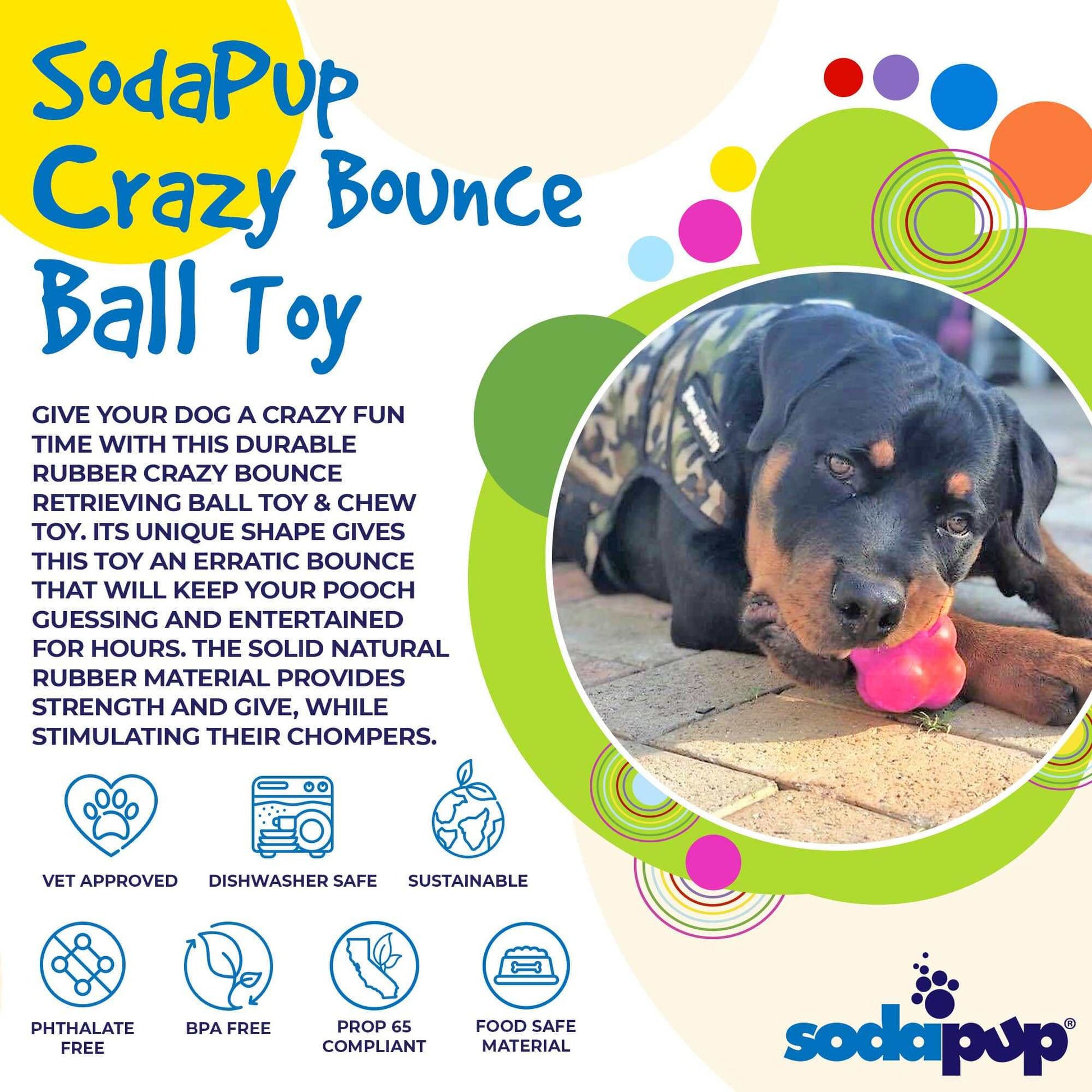 Crazy Bounce Ultra Durable Rubber Chew dog ball toy in use by a dog, designed for erratic bounce and power chewers, made from natural rubber
