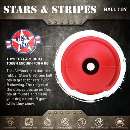 USA-K9 Stars and Stripes durable rubber chew ball for power chewers, dental ridges, large dogs, non-toxic and made in USA