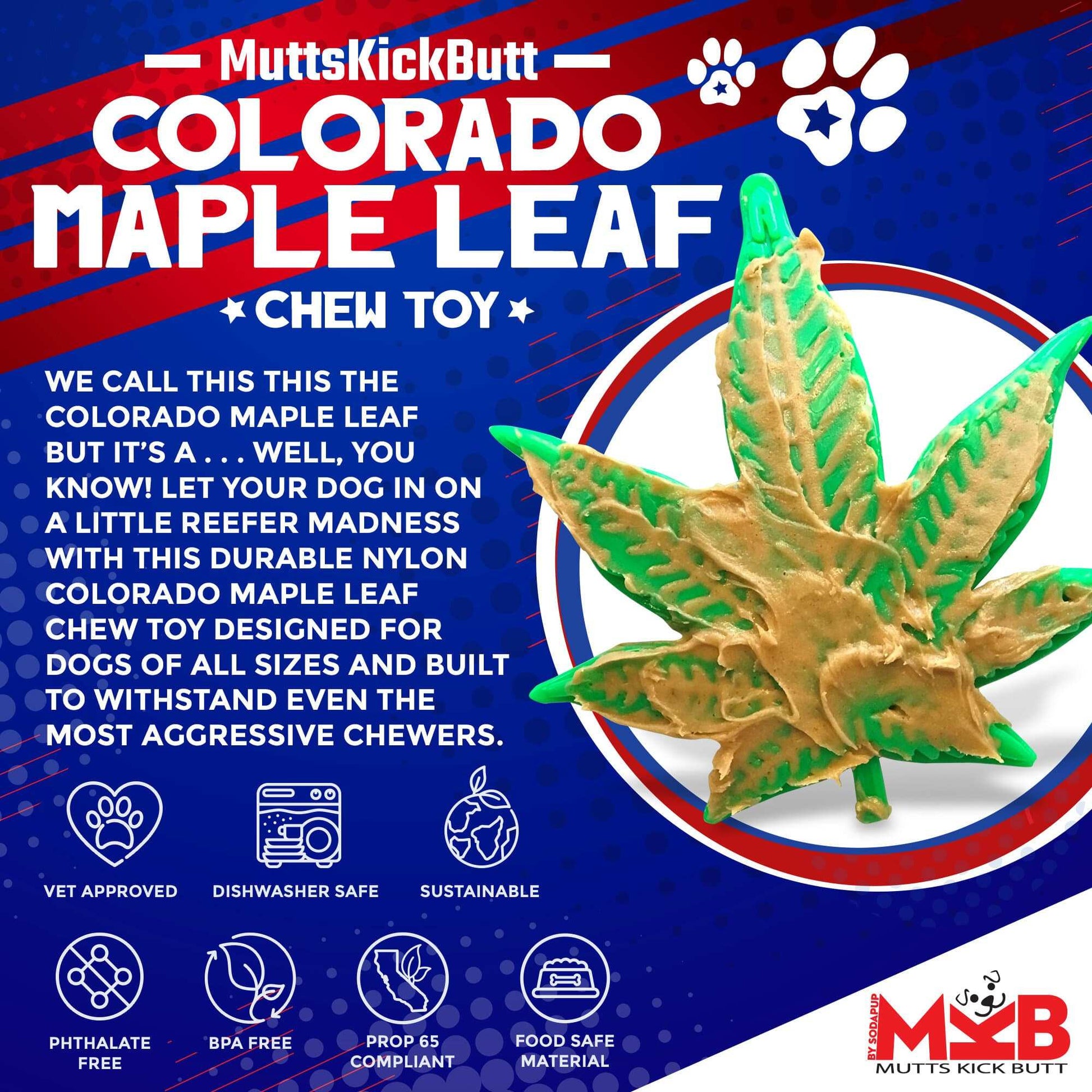 Green Colorado Maple Leaf shaped indestructible nylon dog chew toy for aggressive chewers, USA made