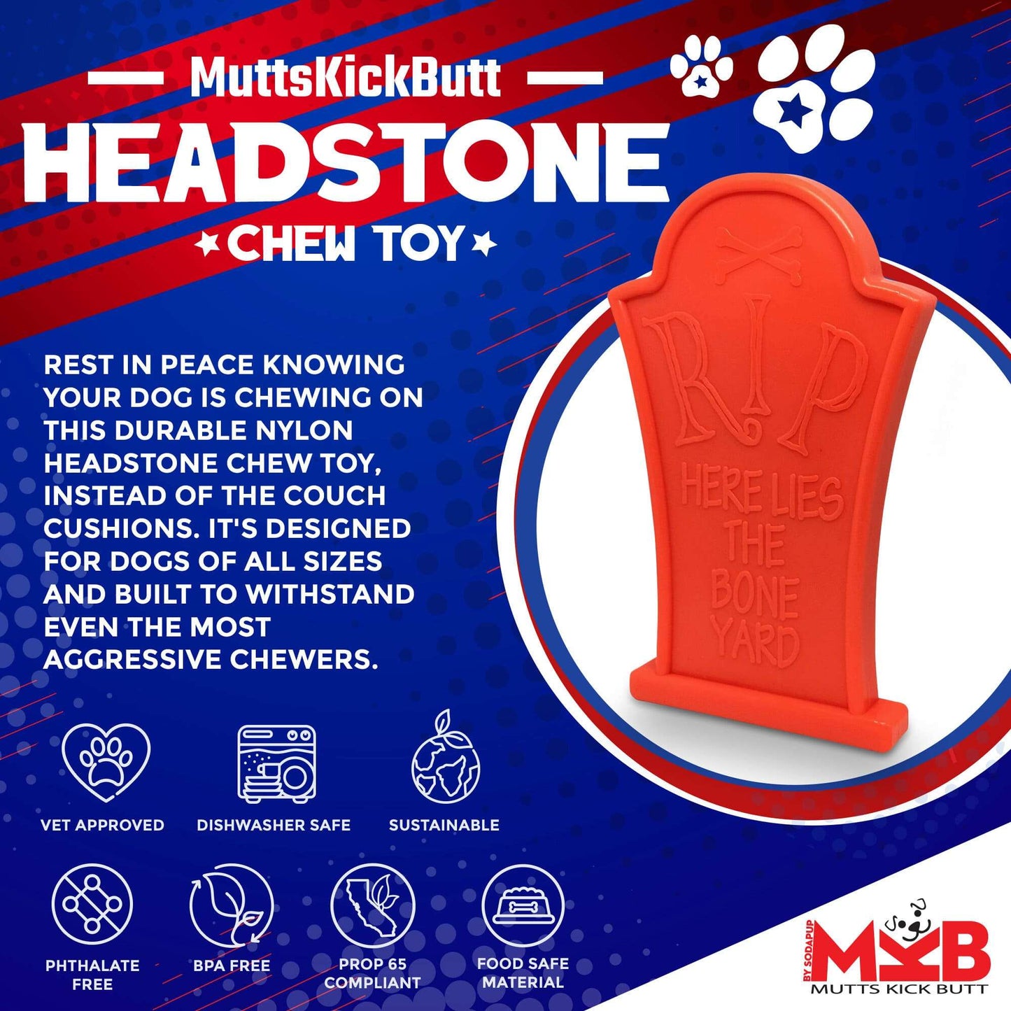 Bright orange Headstone Ultra Durable Nylon Dog Chew Toy for aggressive chewers