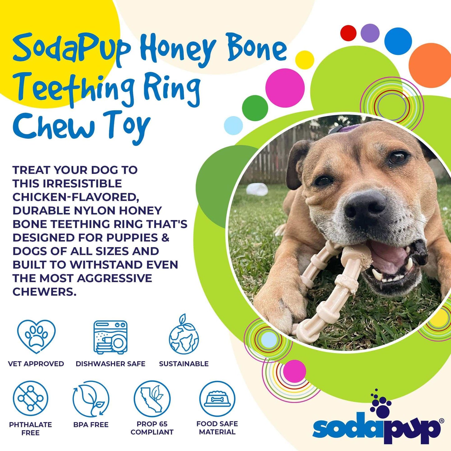 Chicken flavored teething ring chew toy for puppies and aggressive chewers by SodaPup