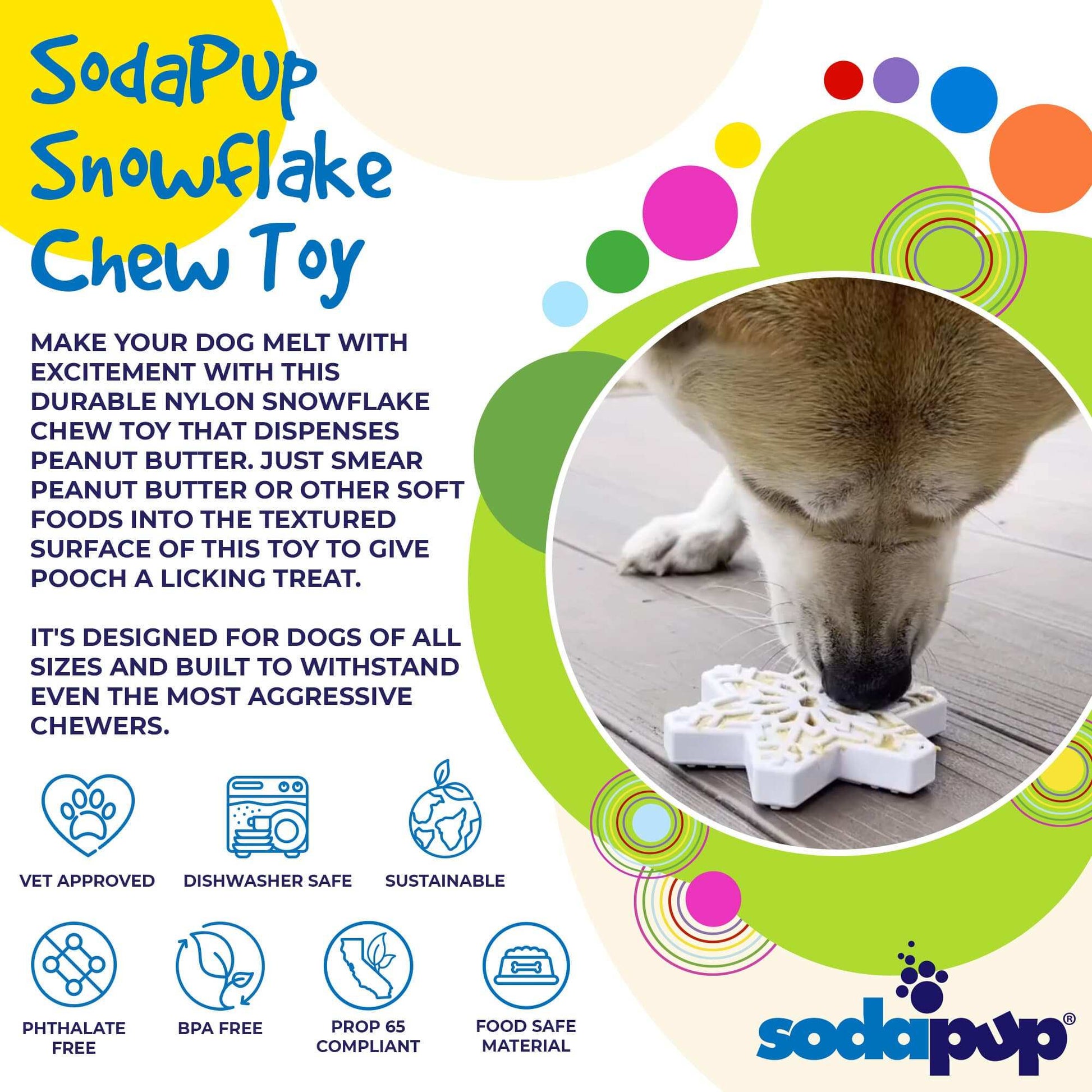 Snowflake Nylon Dog Chew Toy for aggressive chewers with peanut butter treat pockets, USA made and FDA compliant