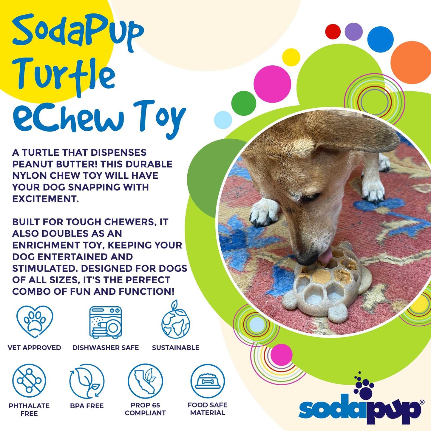 Turtle-shaped ultra-durable nylon chew toy for power chewers with treat-dispensing grooves by SodaPup