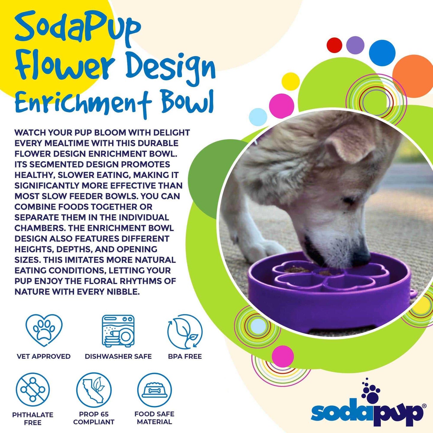 Flower eBowl Deep Slow Feeder Dog Bowl in purple with flower design, promoting slower eating and enrichment for dogs