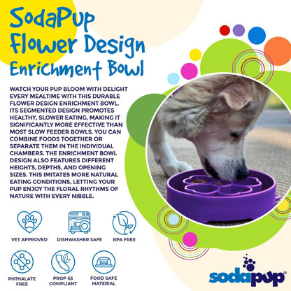 Flower eBowl Deep Slow Feeder Dog Bowl in purple with flower design, promoting slower eating and enrichment for dogs