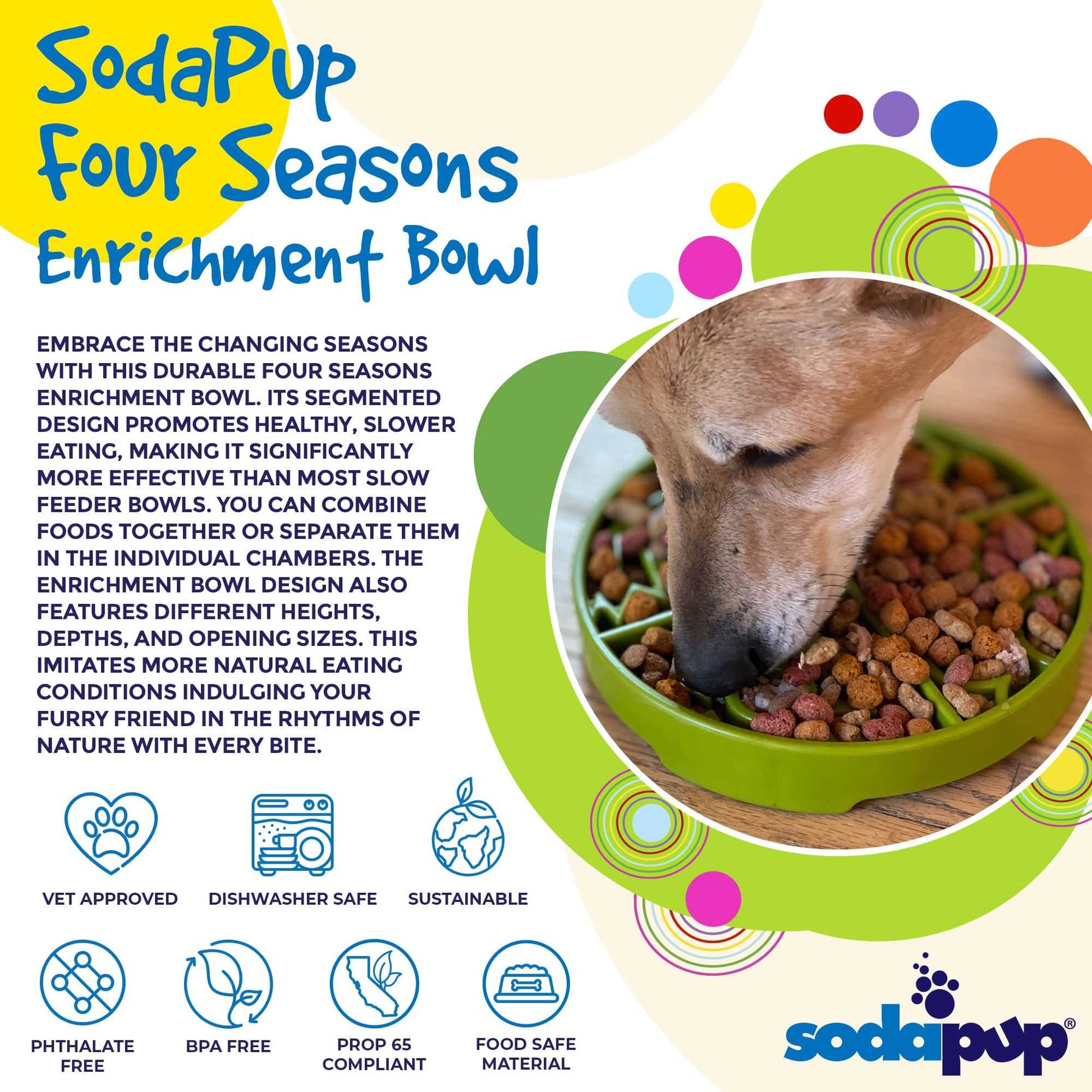 Four Seasons Design eTray shallow slow feeder dog bowl for enrichment with seasonal pattern, made in USA, FDA-compliant, green color, ideal for brachycephalic and fast-eating dogs