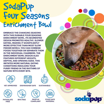 Four Seasons Design eTray shallow slow feeder dog bowl for enrichment with seasonal pattern, made in USA, FDA-compliant, green color, ideal for brachycephalic and fast-eating dogs