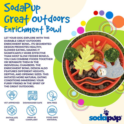 SodaPup Great Outdoors slow feeder dog bowl with outdoor-themed raised ridges for healthy, slow eating and mental enrichment
