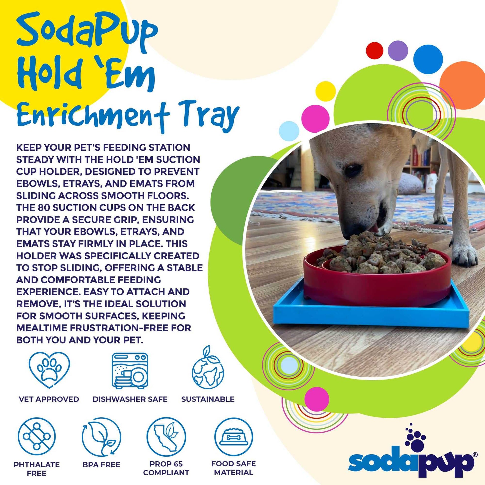 SodaPup Hold 'em suction cup holder securing dog bowl on smooth floor for stable feeding