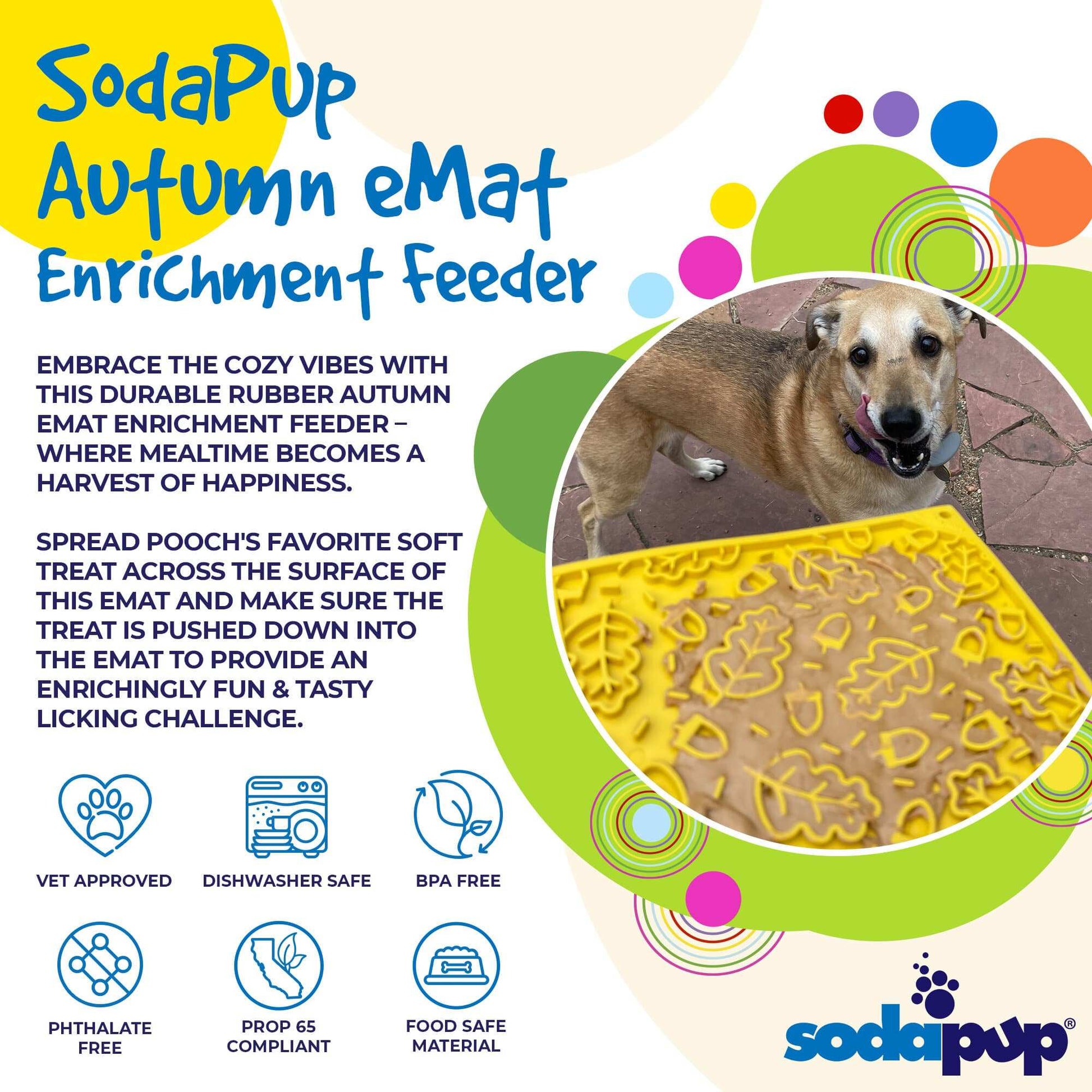 Autumn eMat for dogs and cats with fall leaves design, textured licking surface for anxiety relief and slow feeding, durable BPA-free rubber enrichment feeder.