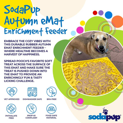 Autumn eMat for dogs and cats with fall leaves design, textured licking surface for anxiety relief and slow feeding, durable BPA-free rubber enrichment feeder.