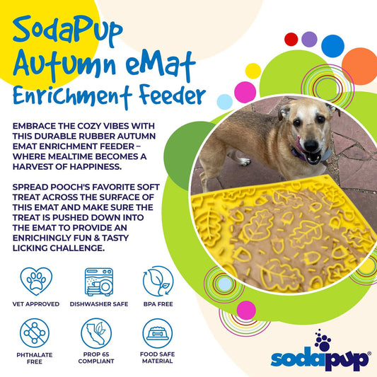 Autumn eMat for dogs and cats with fall leaves design, textured licking surface for anxiety relief and slow feeding, durable BPA-free rubber enrichment feeder.