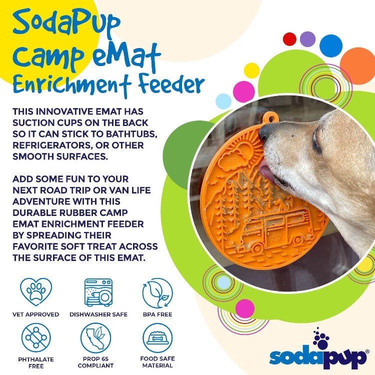 Camp eMat lick mat for dogs and cats with retro camper van design and suction cups for secure attachment on smooth surfaces