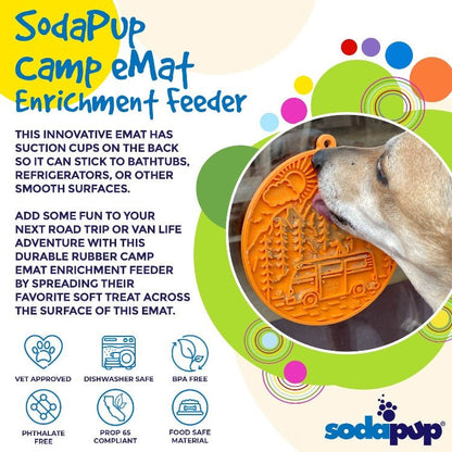 Camp eMat lick mat for dogs and cats with retro camper van design and suction cups for secure attachment on smooth surfaces