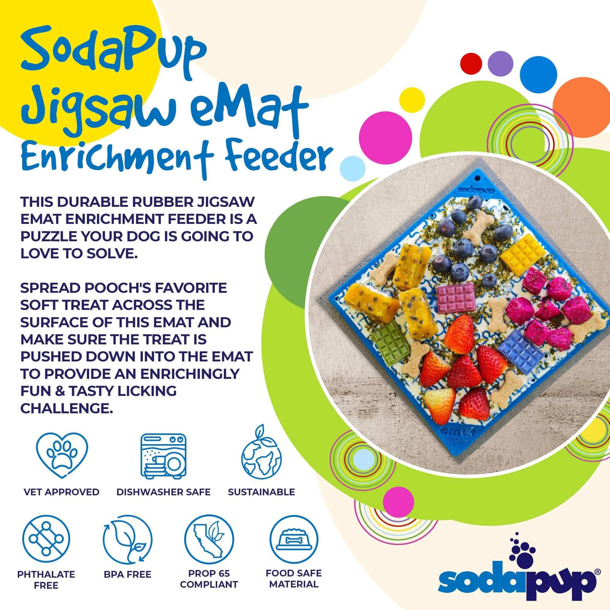 SodaPup Jigsaw Puzzle eMat dog lick mat with colorful treats for anxiety relief and mental stimulation