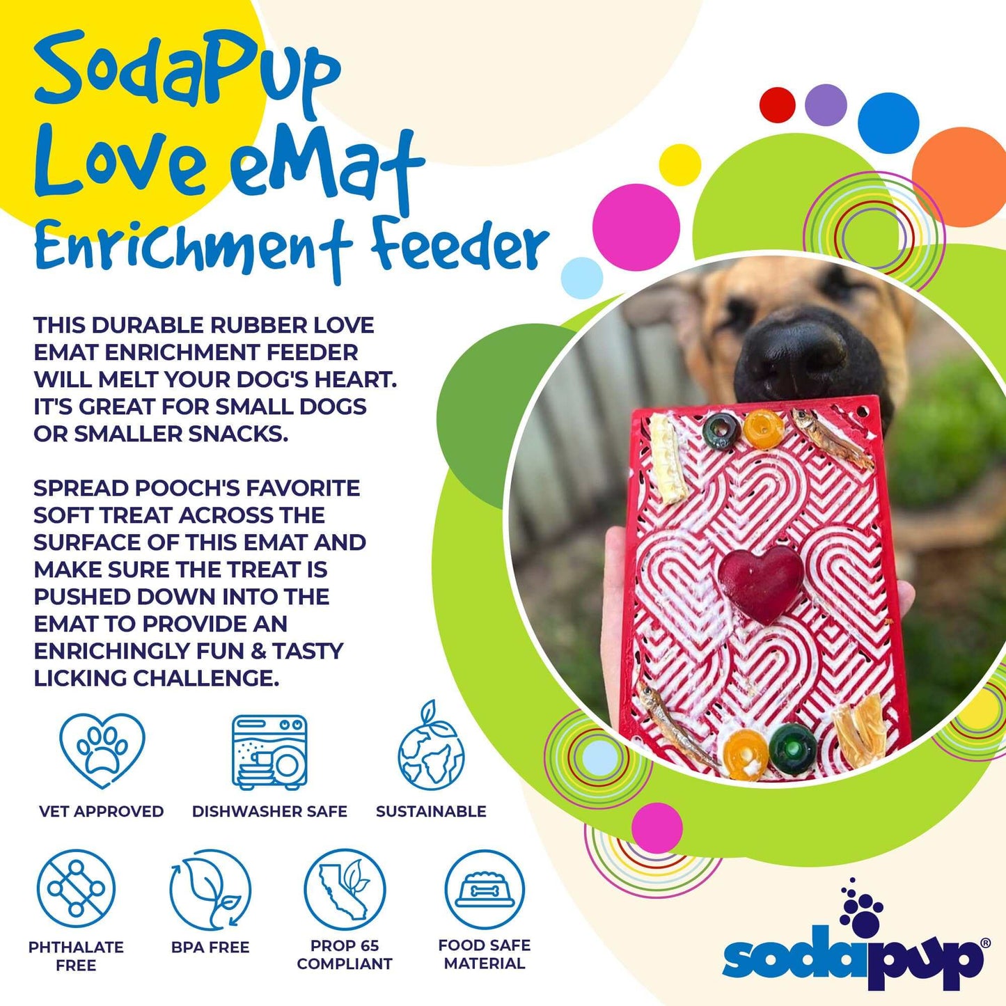 SodaPup Love eMat Enrichment feeder with heart design for dogs, durable, dishwasher safe, BPA-free, promotes calm and mental stimulation