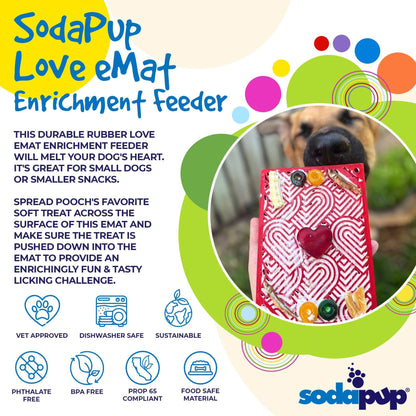 SodaPup Love eMat Enrichment feeder with heart design for dogs, durable, dishwasher safe, BPA-free, promotes calm and mental stimulation