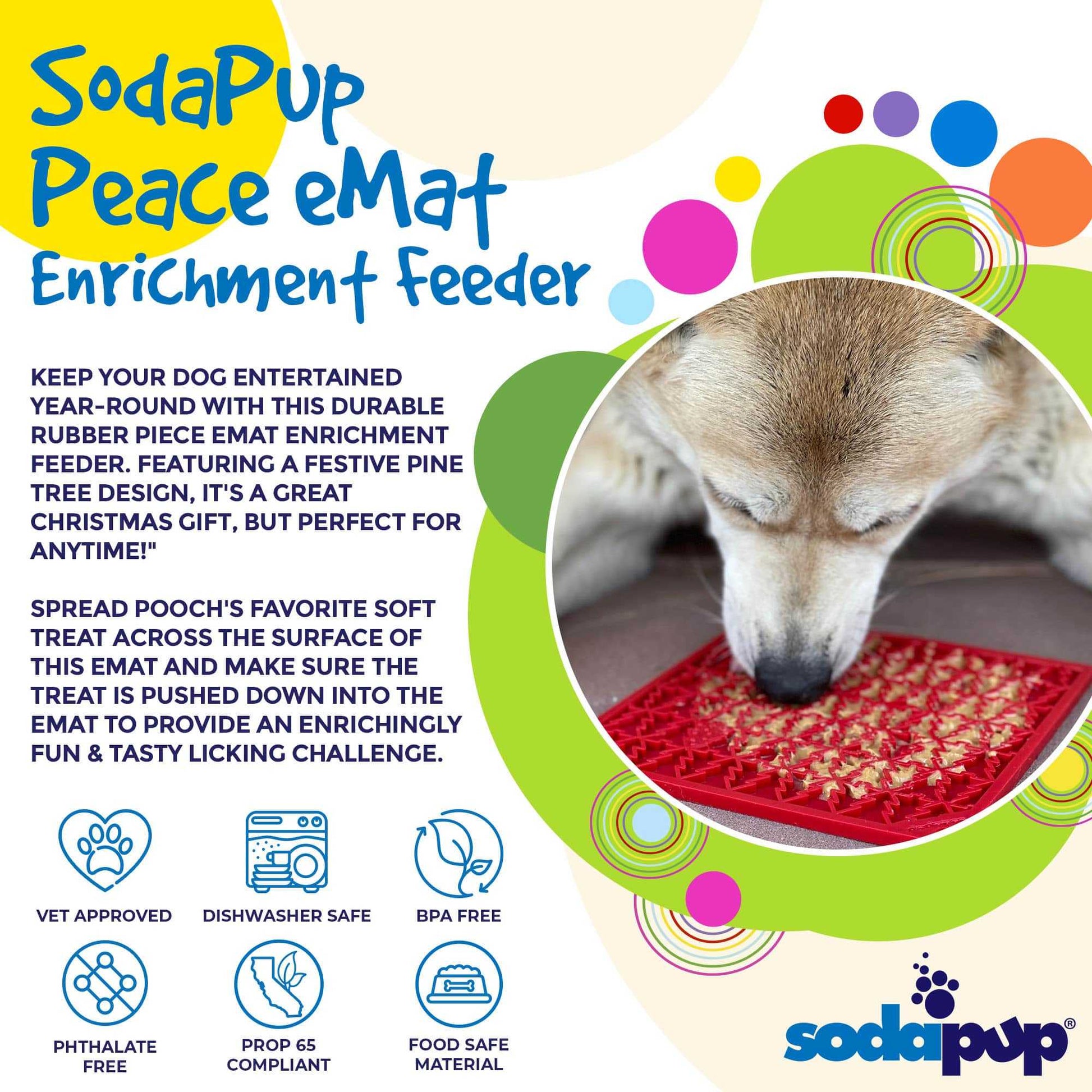 Peace Tree emat dog lick mat with festive red pine tree design for calming and enrichment by SodaPup