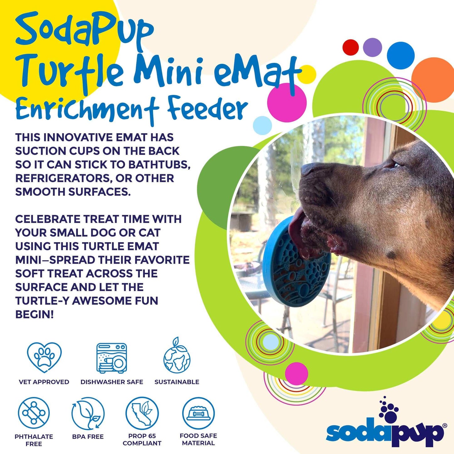 Small Turtle eMat-Mini lick mat with suction cups for small dogs and cats, made in USA, promoting slow feeding, anxiety relief, and enrichment.