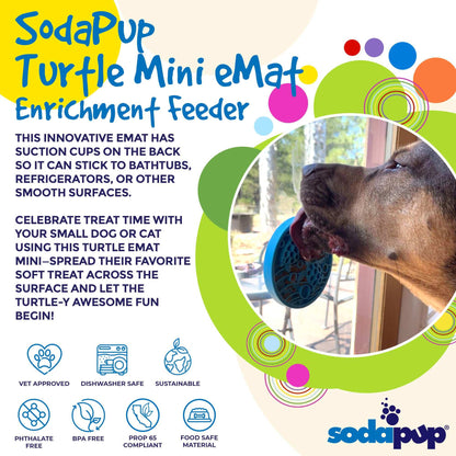 Small Turtle eMat-Mini lick mat with suction cups for small dogs and cats, made in USA, promoting slow feeding, anxiety relief, and enrichment.
