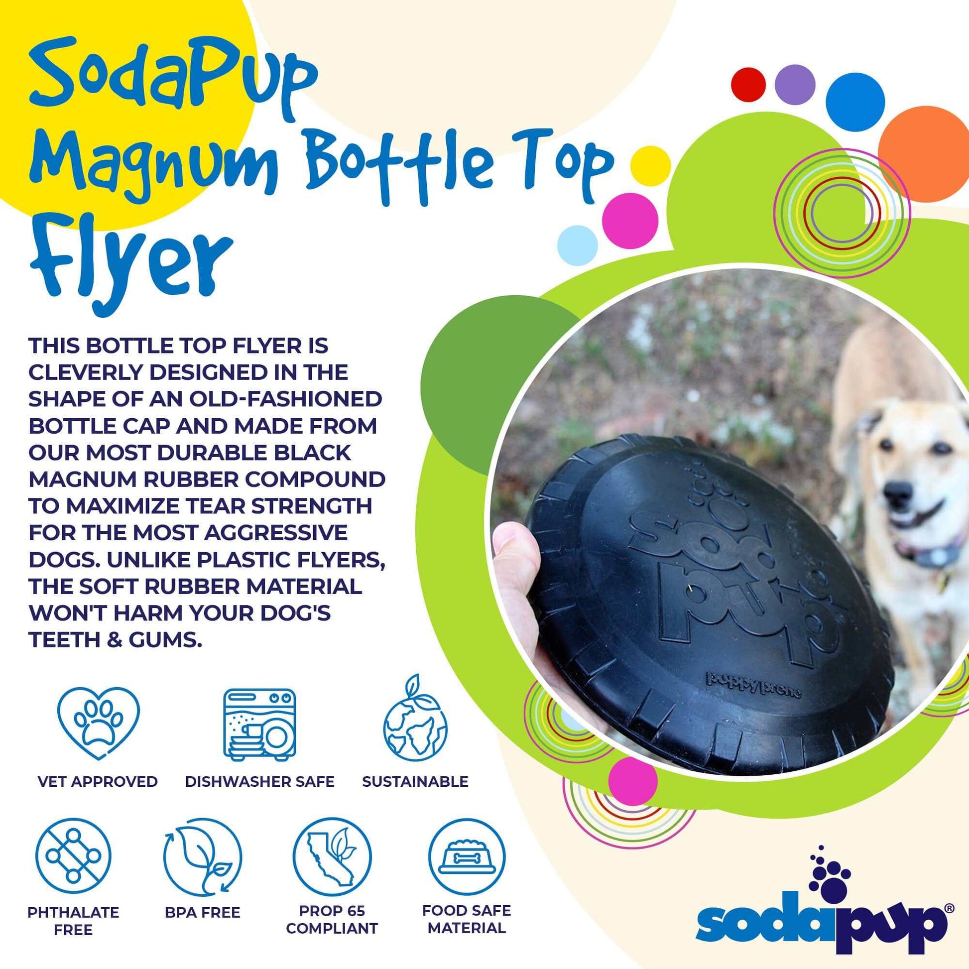 Magnum Bottle Top Flyer durable black rubber dog frisbee shaped like a bottle cap for safe retrieving