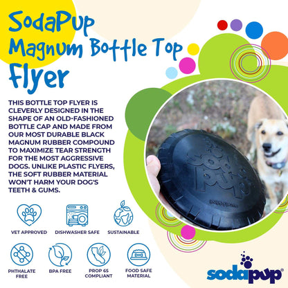 Magnum Bottle Top Flyer durable black rubber dog frisbee shaped like a bottle cap for safe retrieving