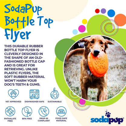 Orange Bottle Top Flyer rubber frisbee for dogs, designed like a bottle cap, safe on teeth and gums, vet approved, dishwasher safe, eco-friendly.