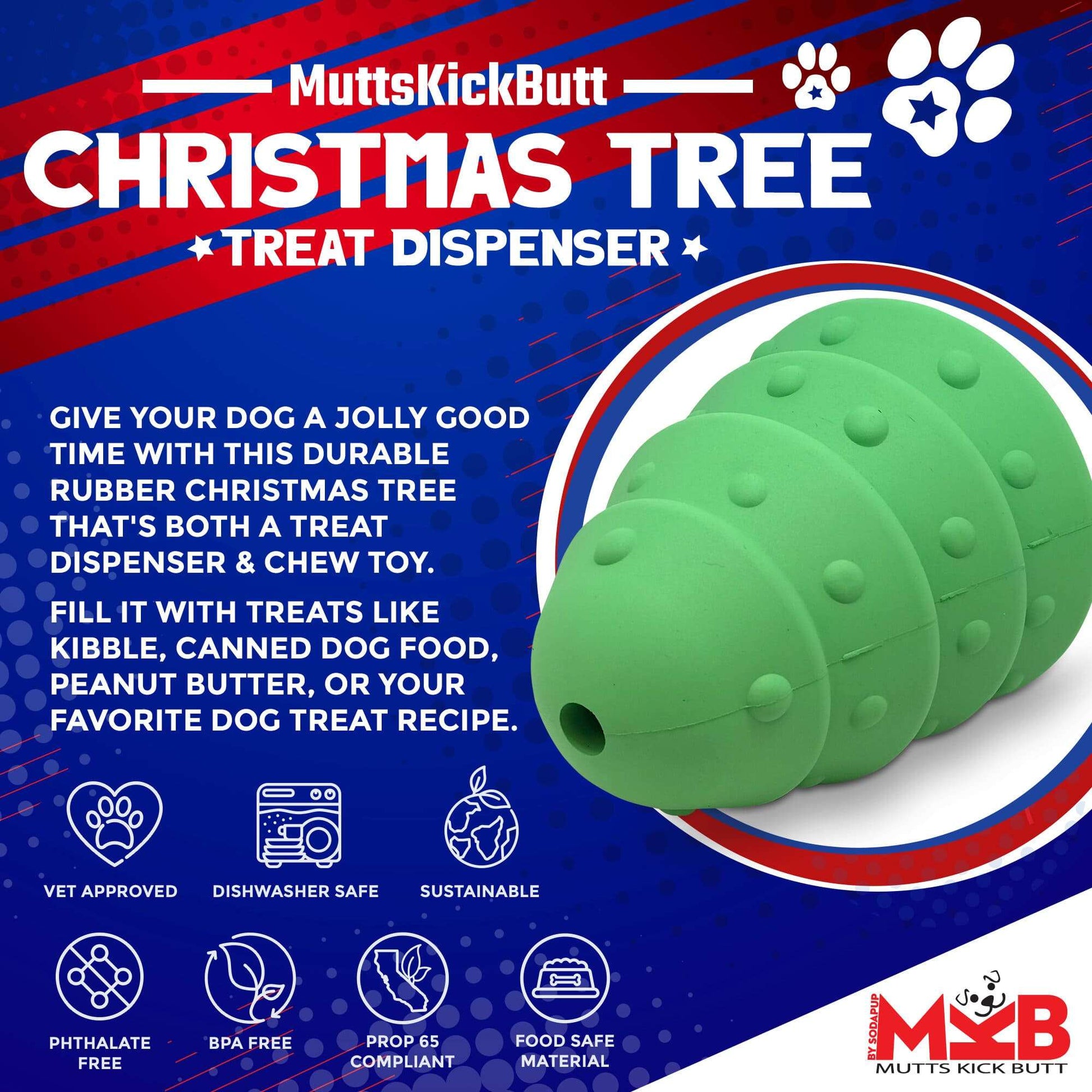 Green durable rubber Christmas Tree Toy dog chew and treat dispenser for power chewers