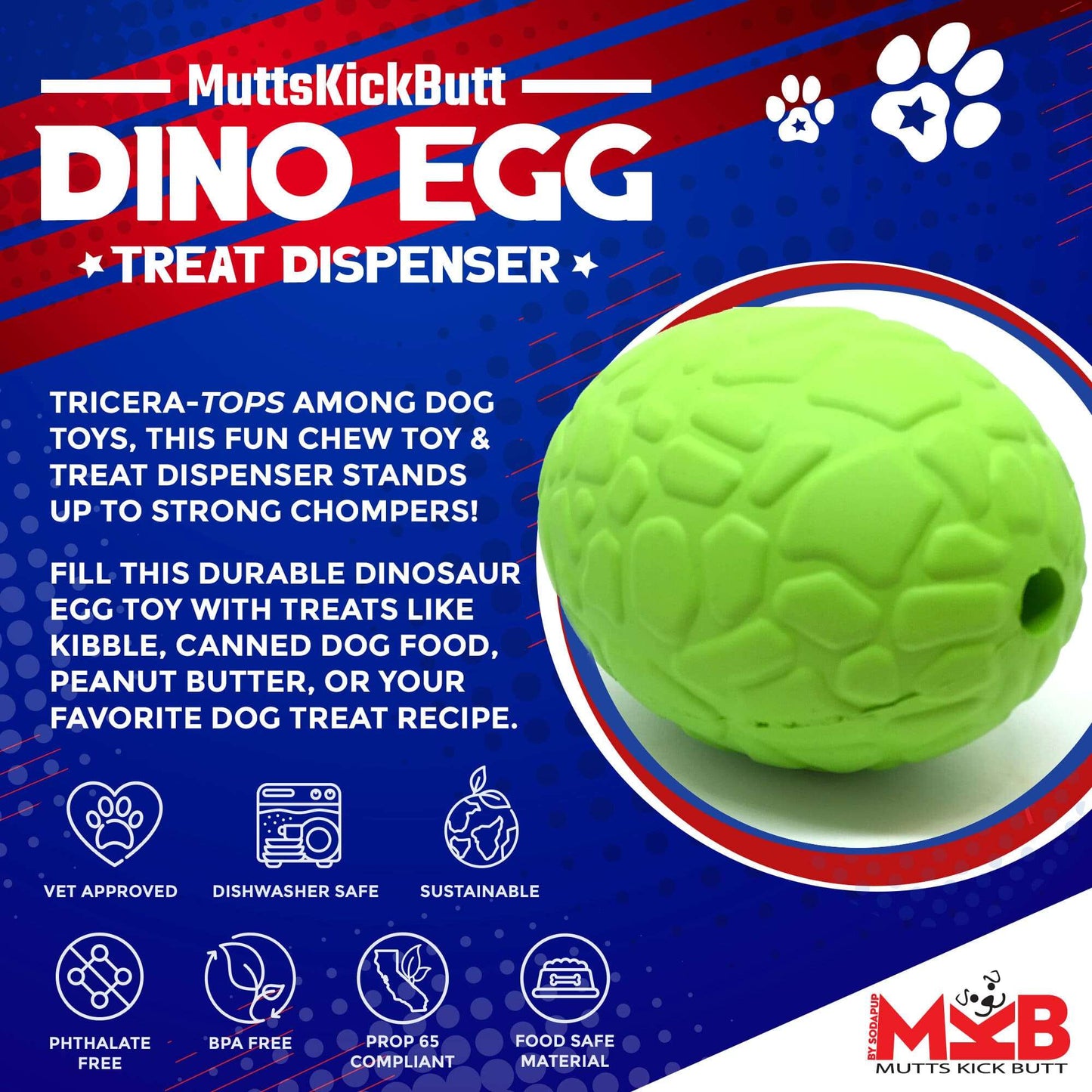 Dinosaur Egg eDispenser Durable Rubber Chew Toy and Treat Dispenser
