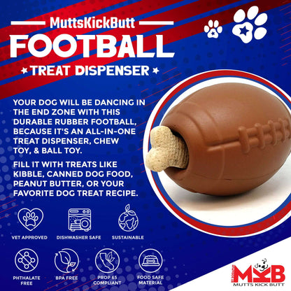 Football eDispenser durable rubber chew toy and treat dispenser for dogs, vet approved and dishwasher safe.