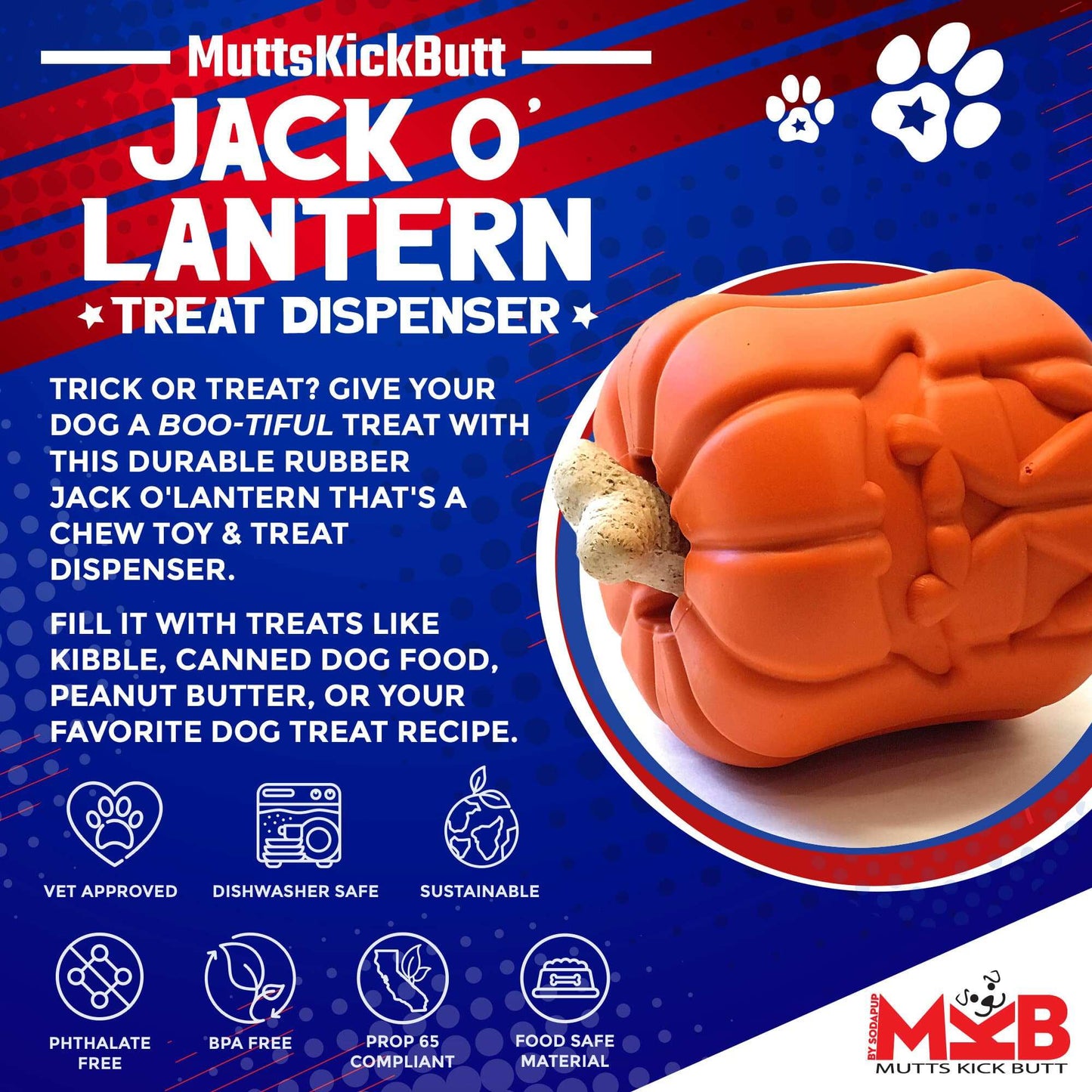 Durable Rubber Chew Toy & Treat Dispenser - Jack O' Lantern eDispener
