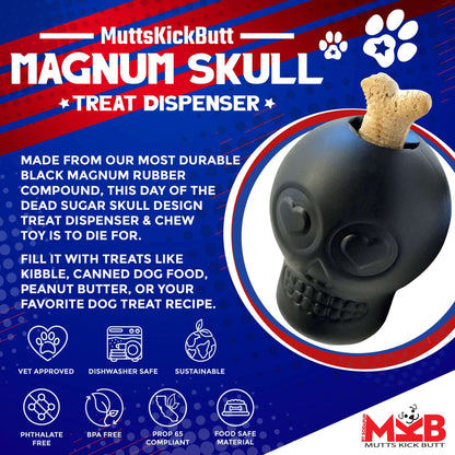Magnum Sugar Skull black chew toy and treat dispenser for dogs with durable design and treat storage