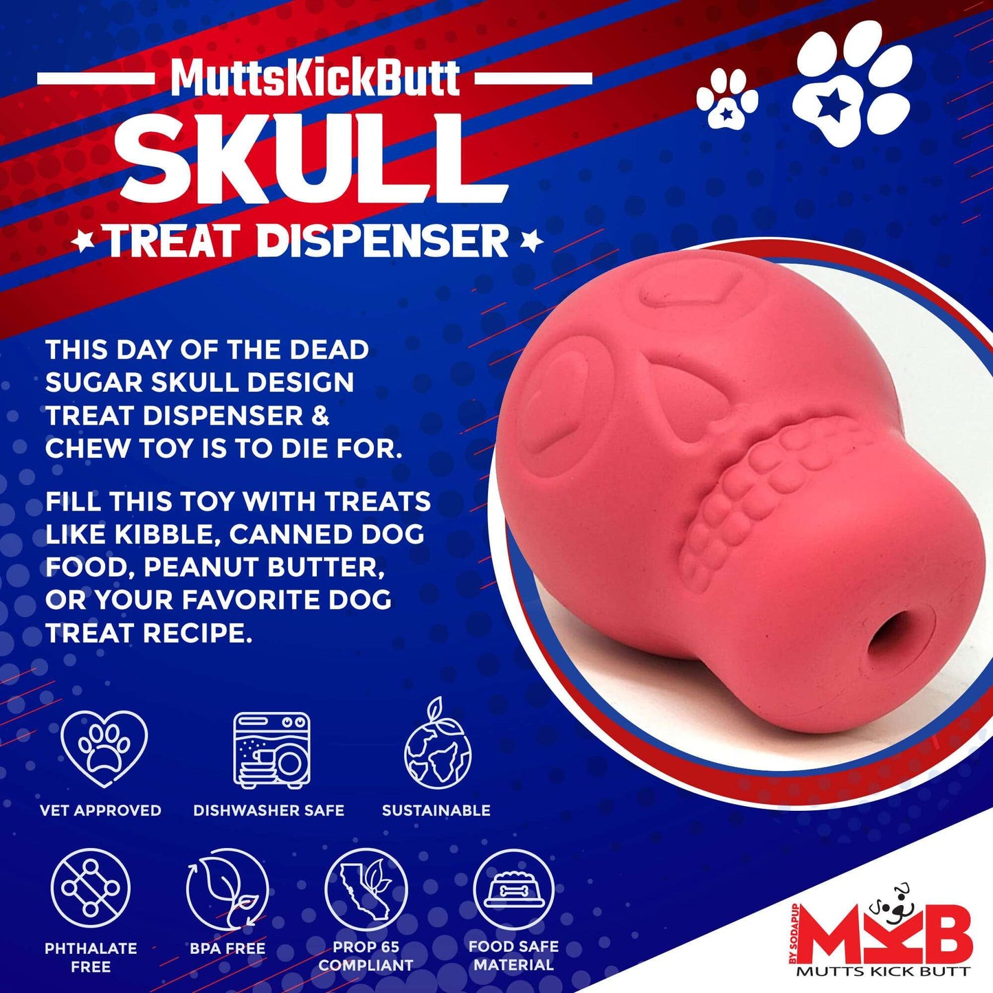 Sugar Skull eDispenser Durable Rubber Chew Toy and Treat Dispenser!