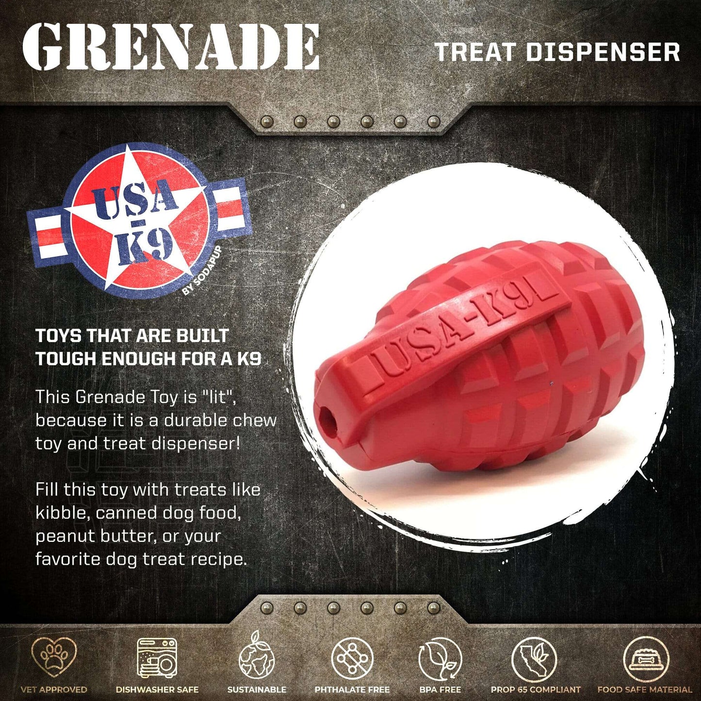 Red and blue grenade shaped eDispenser durable dog chew toy and treat dispenser for power chewers