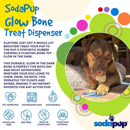 Large brown dog chewing on a glow-in-the-dark PUP-X synthetic rubber bone dog toy inside a colorful graphic with product features and benefits.