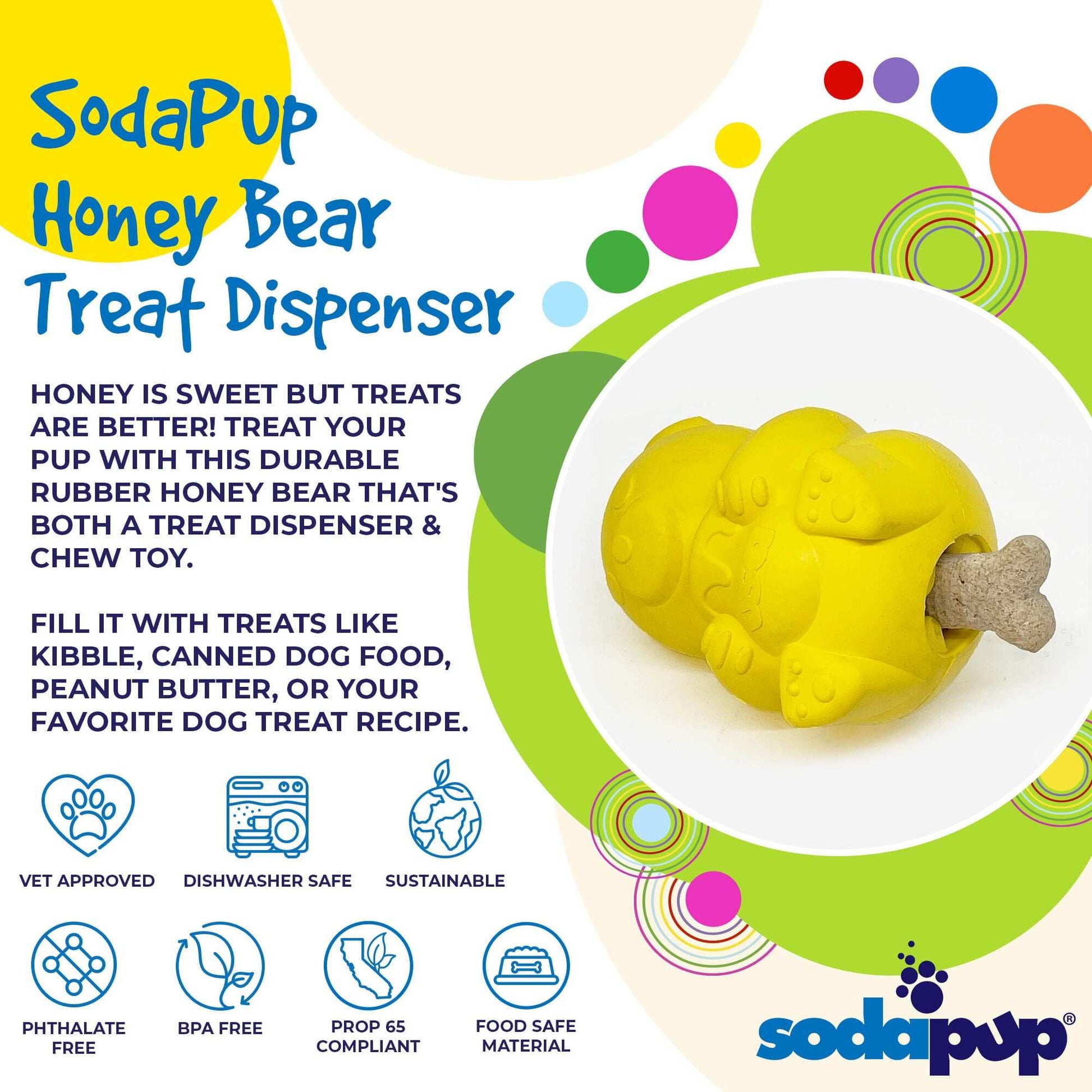 Honey Bear eDispenser durable rubber dog treat dispenser and chew toy with bone-shaped treat slot