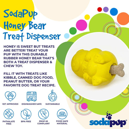 Honey Bear eDispenser durable rubber dog treat dispenser and chew toy with bone-shaped treat slot